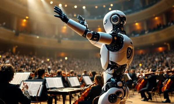 Robot conductor leads orchestra; audience in concert hall; future of music