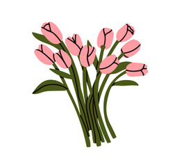 Tulip flower bouquet. Spring floral bunch, fresh blossoms with delicate gentle petals, stems. Elegant gorgeous garden blooms bundle. Flat graphic vector illustration isolated on white background