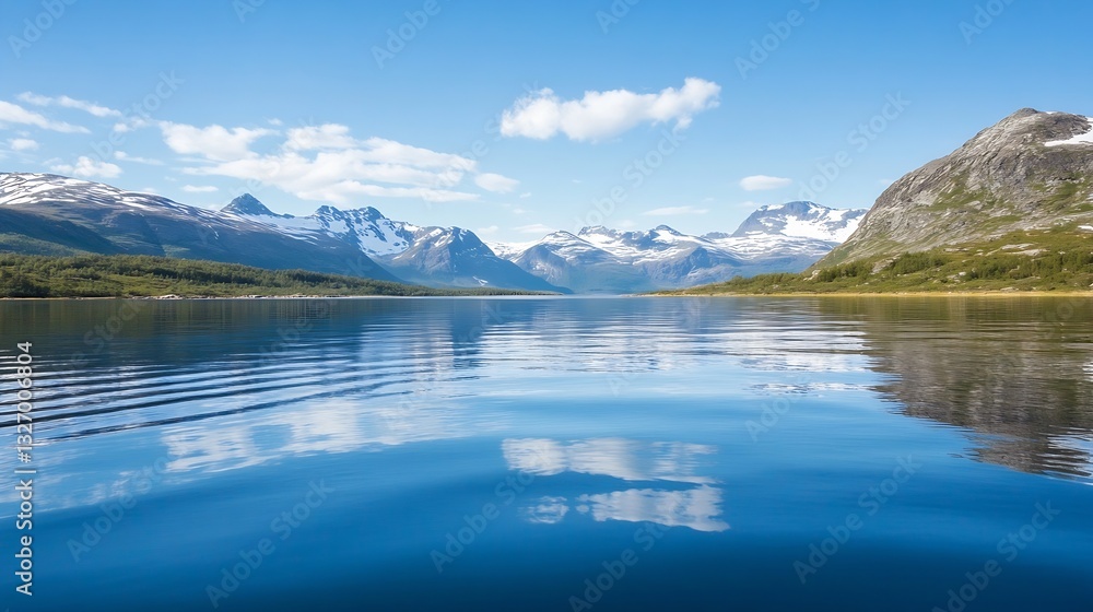 Aufkleber crystal clear lake with mountain reflections and fluffy clouds in a serene atmosphere : generative a