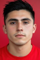 Obraz premium A young man displays a calm and confident demeanor, gazing directly ahead with serious eyes. His dark hair contrasts with the bright red backdrop, creating a striking visual