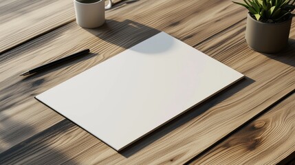 Coffee cup with steam beside blank paper and pencil on a wooden table.
