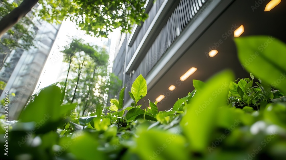 Poster lush green plant life seen from below with modern architecture in the background under natural light