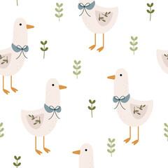Goose Seamless pattern. Cute Goose pattern. Hand drawn vector pattern in flat style