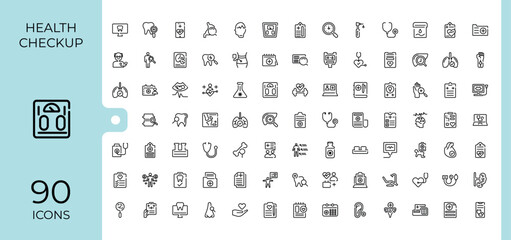 Health Checkup icon set. Containing report, care, laboratory, exam, healthy, check, hospital and more. Icons for design. Health line icons. Editable vector stroke.