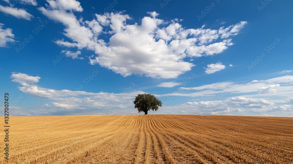 Poster lone tree standing majestically in golden field under a bright blue sky with fluffy clouds : generat