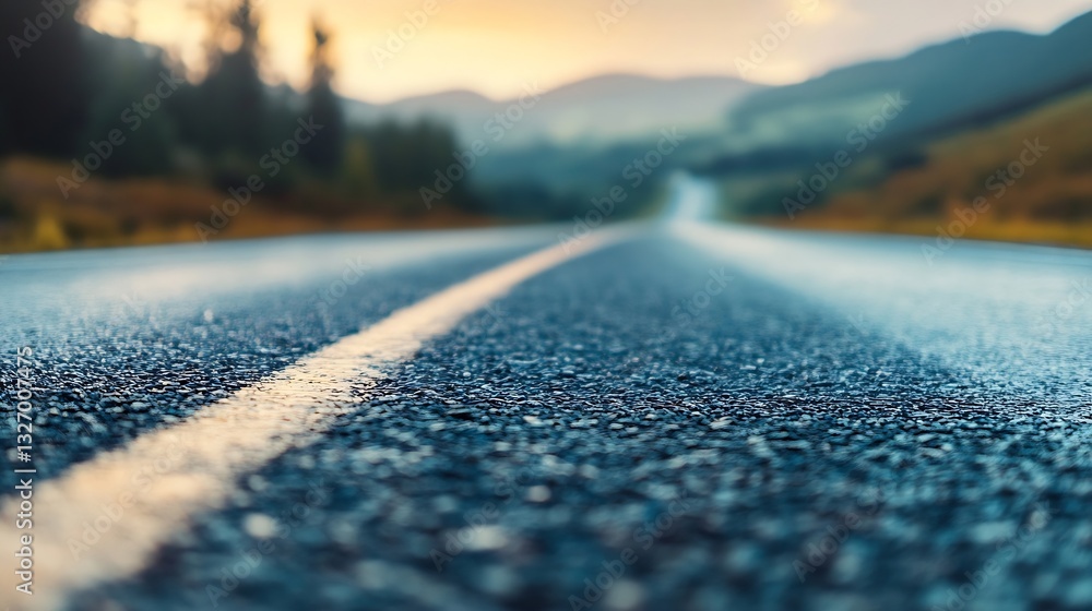 Poster scenic view of open road captured at sunset with mountains in the background inviting adventure and 