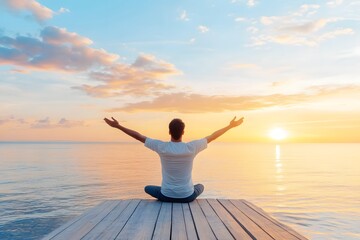 Man Meditating on Peaceful Pier at Sunset by the Ocean Symbolizing Financial Freedom and Personal Growth