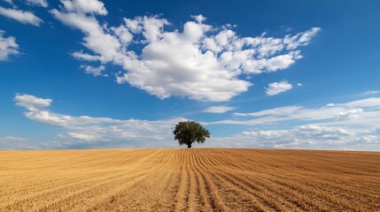 Fototapeta premium Lone tree standing majestically in golden field under a bright blue sky with fluffy clouds : Generative AI