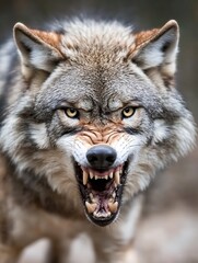Fototapeta premium Intimidating wolf showing sharp teeth and fierce glare in a natural setting : Generative AI