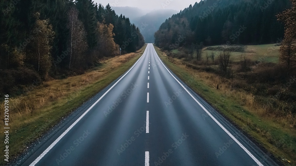 Aufkleber a scenic view of a long winding road surrounded by lush green trees and mountains under a moody sky 