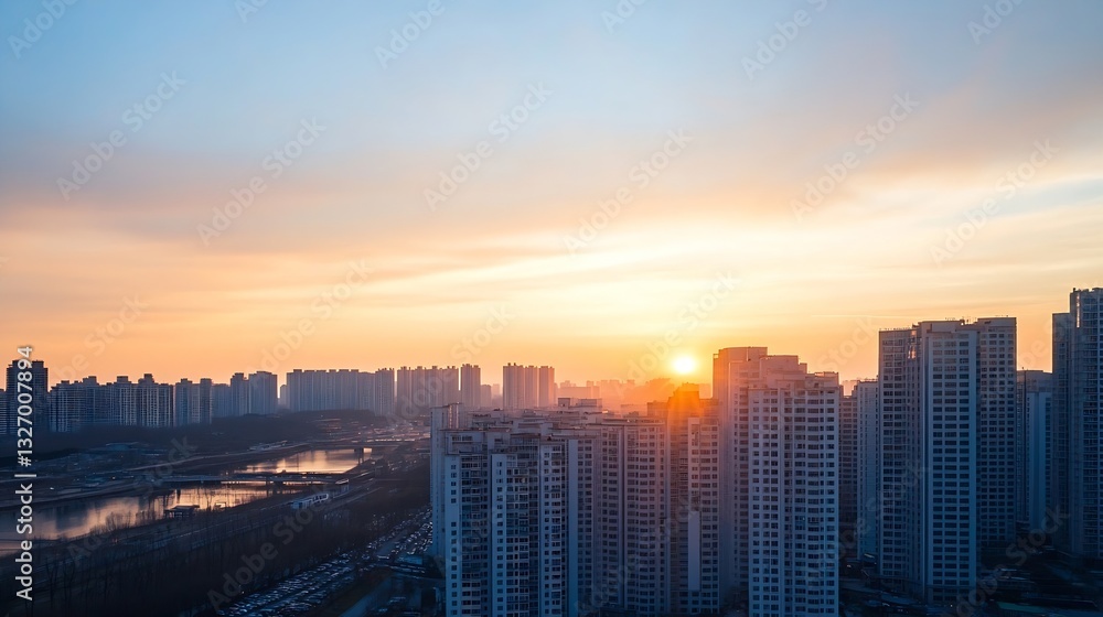Poster stunning panoramic view of urban skyline at sunset with soft clouds and vibrant colors : generative 