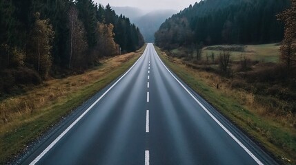 A scenic view of a long winding road surrounded by lush green trees and mountains under a moody sky : Generative AI