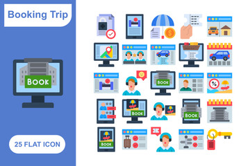 Booking Trip Flat Icon Set, Collection of 25 Booking Trip Flat Icon Set &ndash; 25 Travel, Ticket, and Vacation Icons