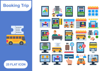 Booking Trip Flat Icon Set, Collection of 25 Booking Trip Flat Icon Set – 25 Travel, Ticket, and Vacation Icons