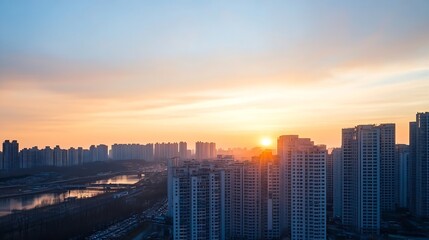 Fototapeta premium Stunning panoramic view of urban skyline at sunset with soft clouds and vibrant colors : Generative AI