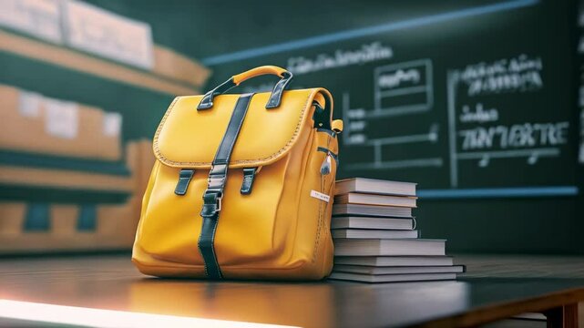 Yellow backpack next to stacked books in a classroom setting during daylight