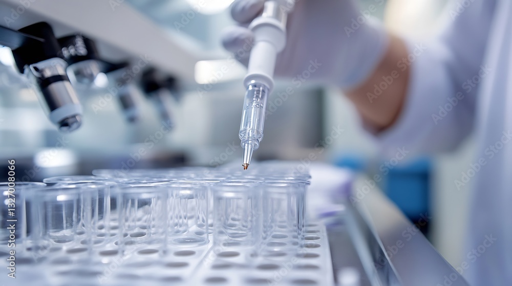 Poster Scientist using a pipette to add liquid to test tubes in a modern laboratory setting : Generative AI
