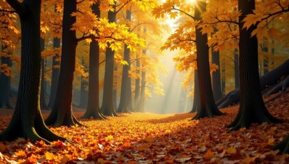 Fototapeta premium Golden leaves blanket forest floor, towering trees ablaze , season, background