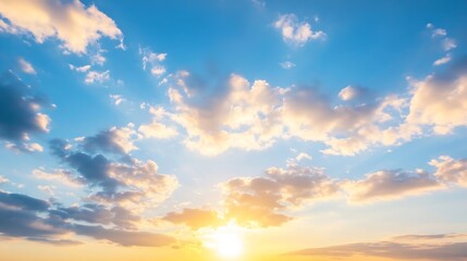 Naklejka premium Breathtaking Sunrise Illuminating Dramatic Clouds Against a Clear Blue Sky Over a Horizon : Generative AI