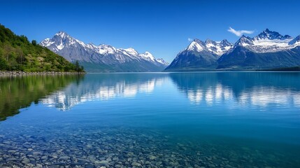 Stunning mountain landscape reflecting in a tranquil blue lake beneath clear skies : Generative AI