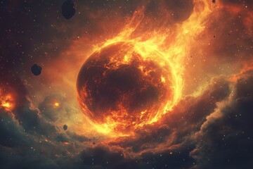 Obraz premium Fiery celestial sphere amidst cosmic clouds and asteroid field in dramatic space art style