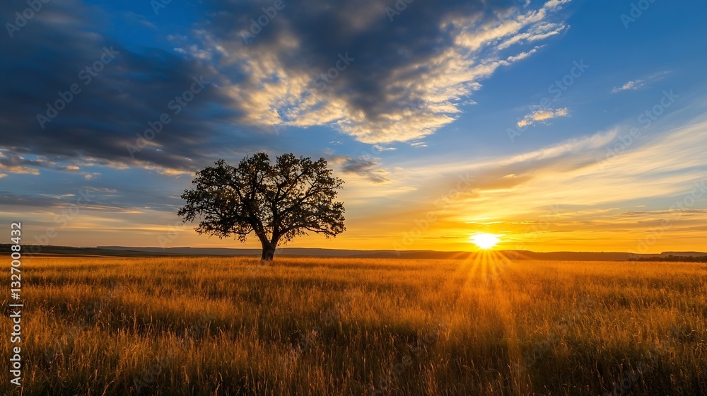 Aufkleber majestic sunset illuminating a solitary tree in an open golden field creating picturesque scenery : 