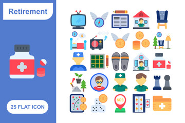Retirement Flat Icon Set, Collection of 25 Retirement Flat Icon Set – 25 Pension, Senior, and Relaxation Icons