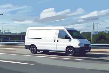 Naklejka premium clear delivery van speeds on road new ride zips quick to town edge trade transport logistics aid bright day on freeway fast drop good for biz 