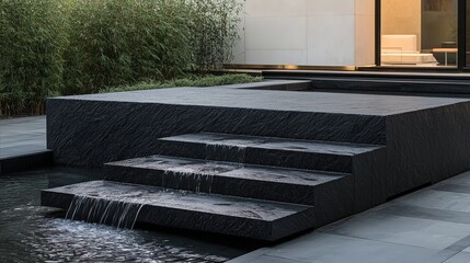 Modern Minimalist Water Feature with Steps and Natural Surroundings