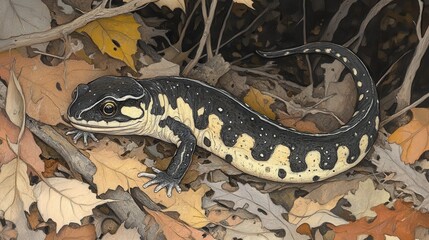 Obraz premium Beautiful Salamander on Colorful Autumn Leaves in Nature Setting