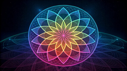 Spiritual backgrounds. A glowing multicolored mandala with intricate geometric patterns radiating from the center, set against a dark cosmic-style background.