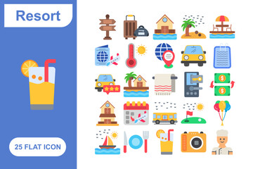 Resort Flat Icon Set, Collection of 25 Resort Flat Icon Set – 25 Vacation, Hotel, and Relaxation Icons