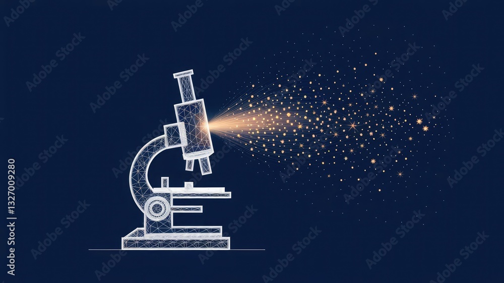 Poster abstract image of a microscope in the form of a starry sky or space, consisting of points, lines, an