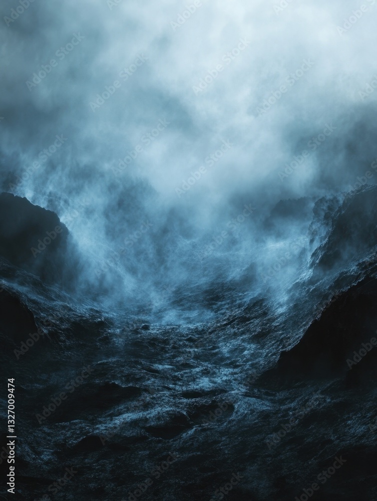 Poster eerie landscape of dark rocks enveloped in mist and fog creating a mysterious and ominous atmosphere