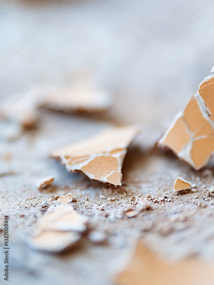 Poster close up of broken ceramic pieces scattered on a textured surface creating an artistic display : gen