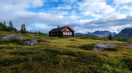 Charming wooden cabin surrounded by lush greenery and dramatic mountain scenery : Generative AI