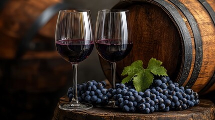 Two wine glasses brimming with wine surrounded by fresh grapes on a tasteful table with generous copy space for text
