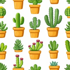 Seamless Pattern with Cartoon Potted Cacti and Succulents on White Background, Decorative Floral Design for Wrapping Paper, Fabric and Textile