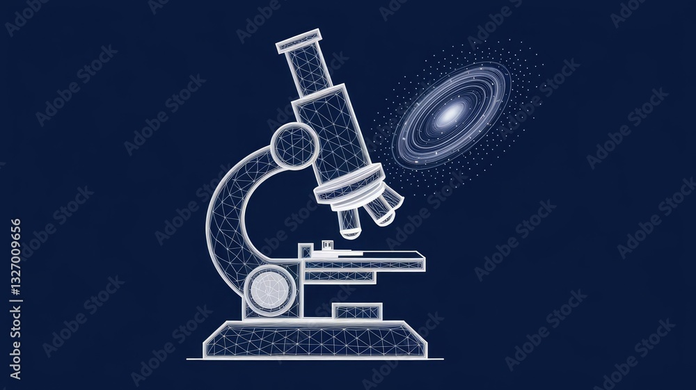 Poster abstract image of a microscope in the form of a starry sky or space, consisting of points, lines, an