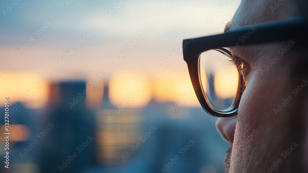 Aufkleber thoughtful man gazing out at a colorful sunset while wearing stylish eyeglasses in an urban setting 
