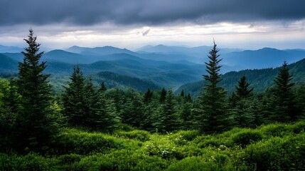 Fototapeta premium Breathtaking View of Lush Mountains and Evergreen Forest Under Dramatic Cloudy Skies : Generative AI