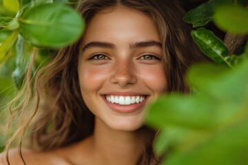 Smiling young woman surrounded by lush green foliage in a bright natural setting