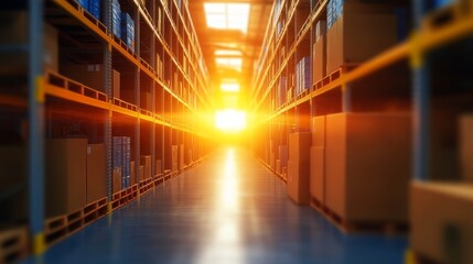 Fototapeta premium Warm sunlight streams through a warehouse aisle filled with stacked boxes, creating a serene atmosphere