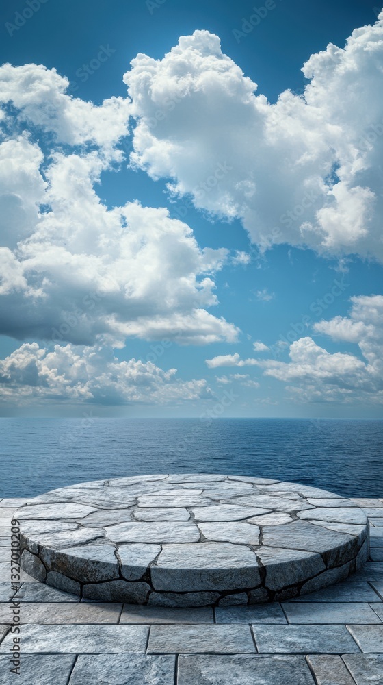 Poster serene ocean view platform with fluffy clouds and azure sky ideal for product display and scenic bac