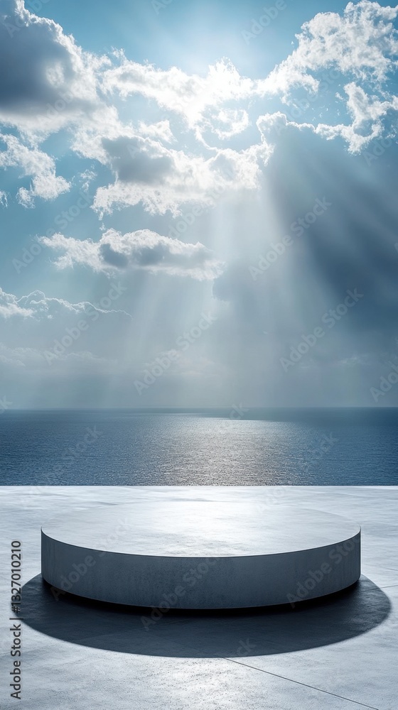Poster serene seascape with a minimalist concrete platform under a radiant sky creating a tranquil and mode