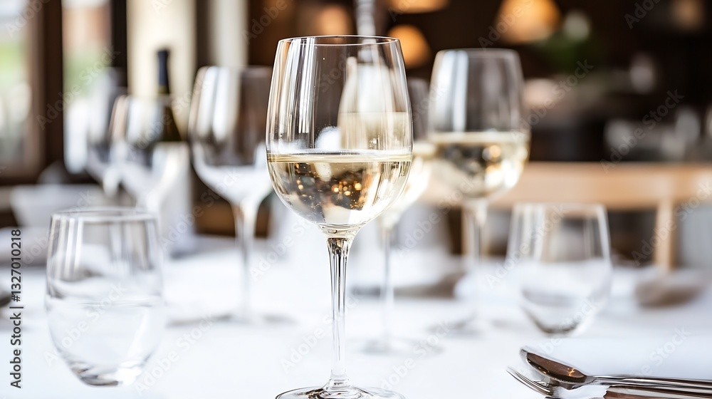 Aufkleber elegant dining setup with wine glasses on a table in a warm and inviting restaurant : generative ai