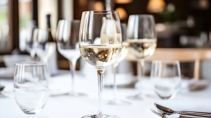 Elegant dining setup with wine glasses on a table in a warm and inviting restaurant : Generative AI