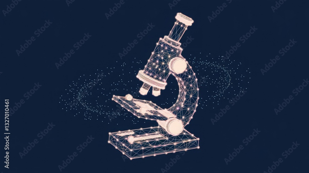 Poster abstract image of a microscope in the form of a starry sky or space, consisting of points, lines, an