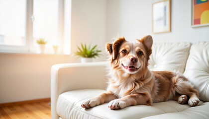 Happy dog relaxing on white couch in cozy living room