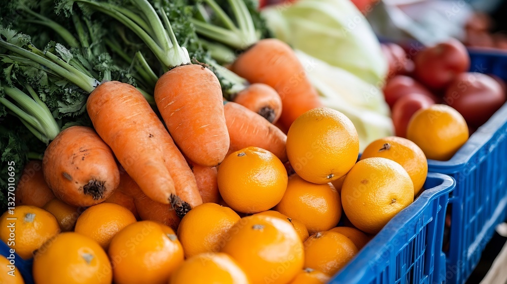 Poster fresh vibrant vegetables and fruits displayed in crates at an open air farmer's market : generative 
